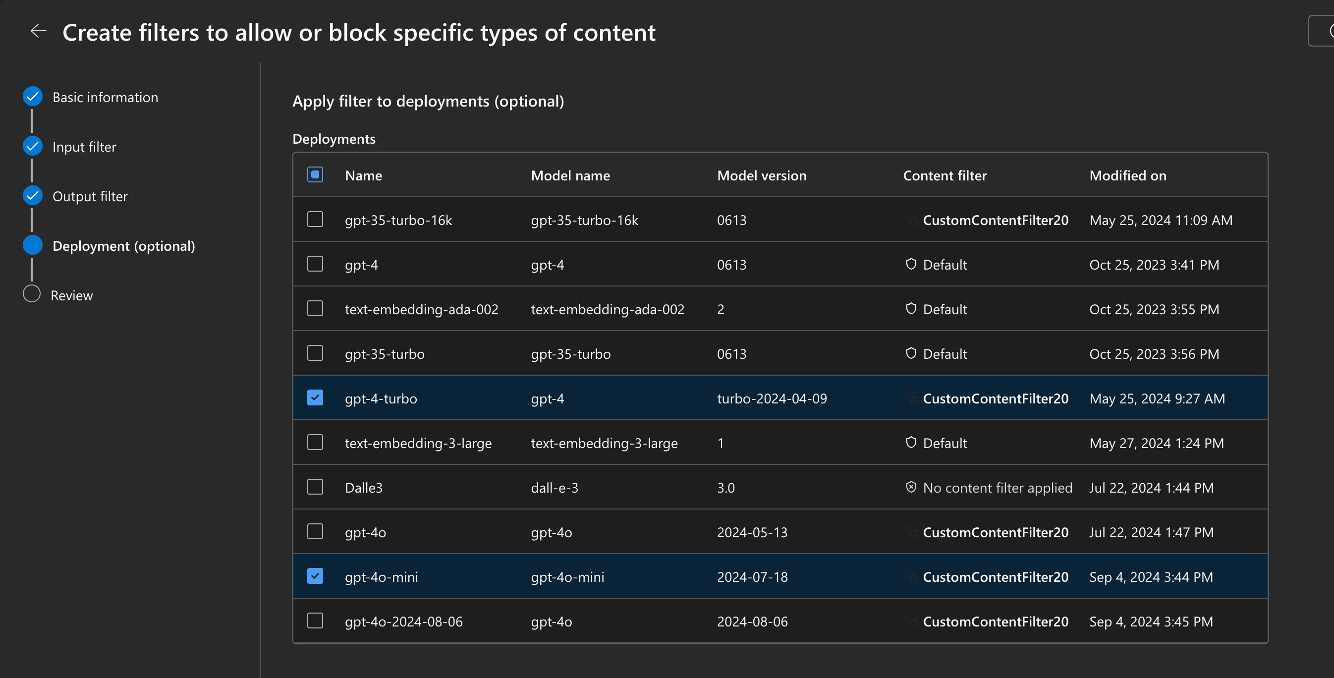Azure OpenAI Studio - deployment settings