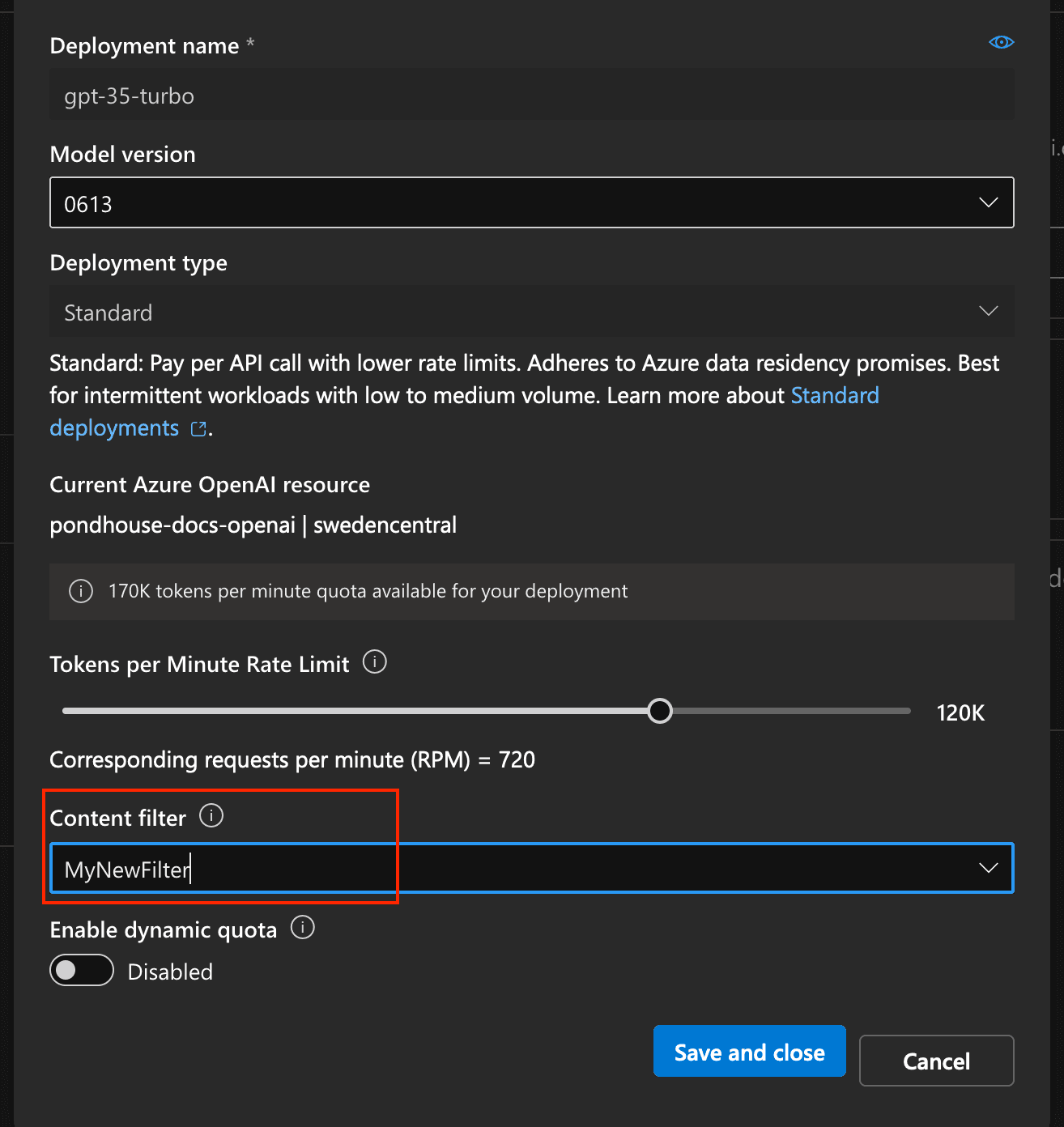 Azure OpenAI Studio - select filter during deployment creation