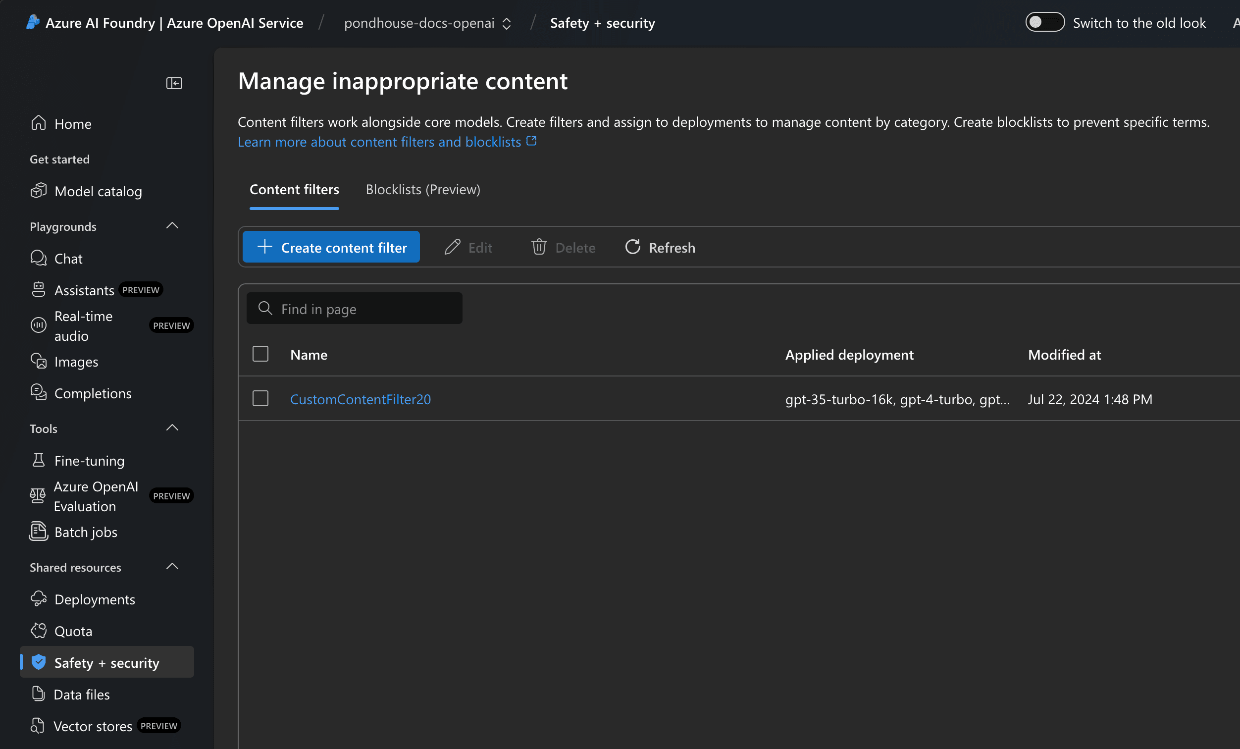 Azure OpenAI Studio - create content filter